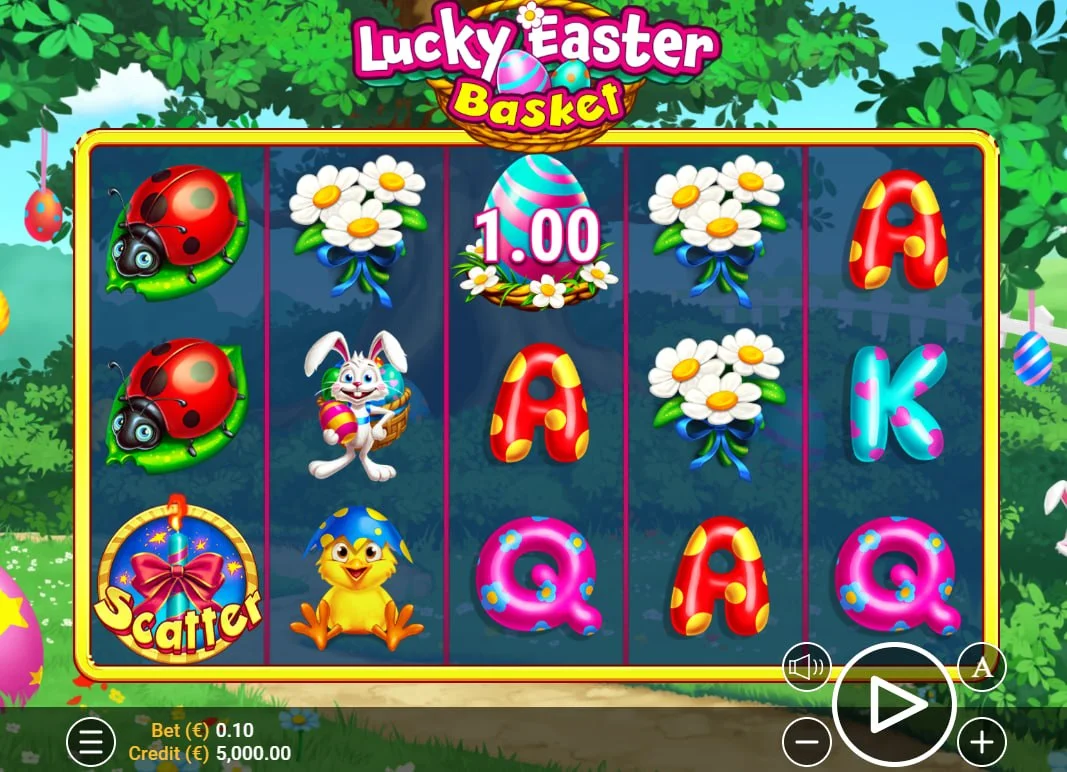 Main game interface of Lucky Easter Basket slot showing 5 reels and egg symbols, which is the starting point for all gameplay sessions.