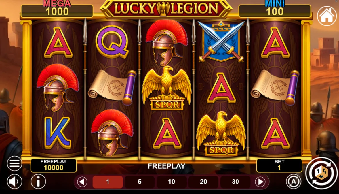 Lucky Legion slot main 5x3 grid with Roman symbols and bet controls showing the standard gameplay interface.