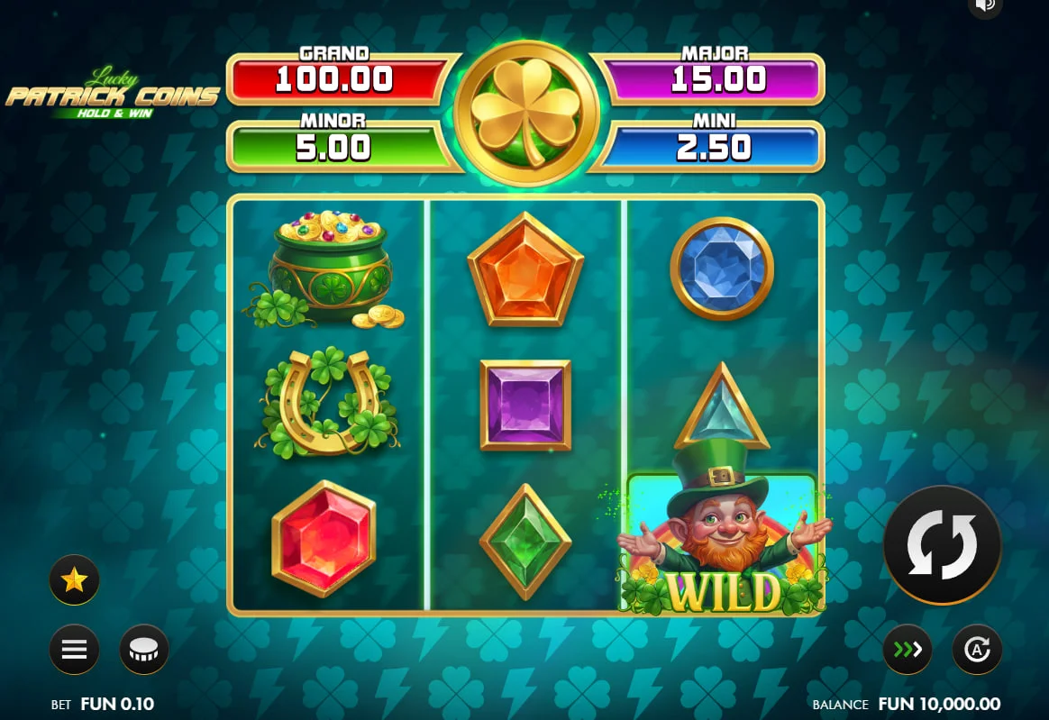 Lucky Patrick Coins 3x3 slot grid with leprechaun Wild symbol on a green Irish background for high-speed betting.
