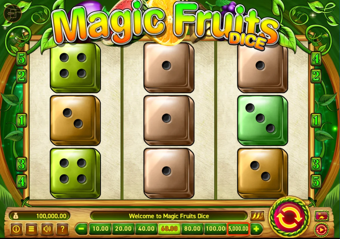 Main 3x3 reel grid of Magic Fruits Dice slot showing various numbered dice symbols to highlight the game's core layout.