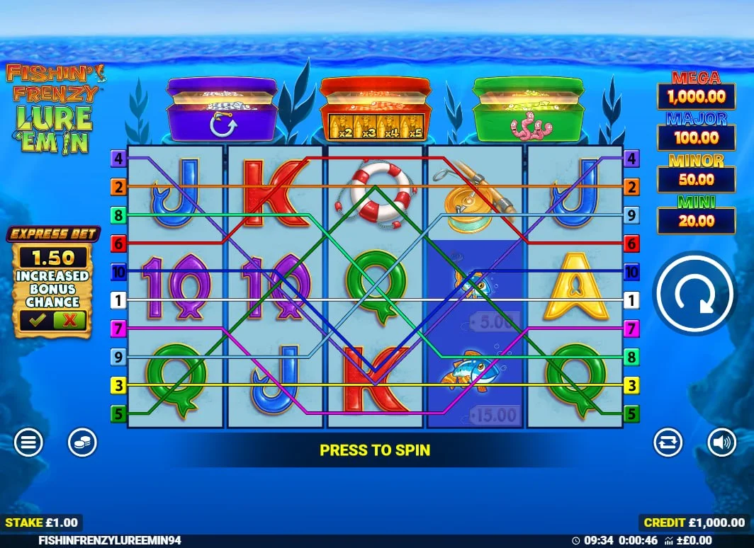 Main 5x3 reel set of Fishin' Frenzy Lure 'Em In slot showing the 10 paylines and the three colored tackle boxes at the top.