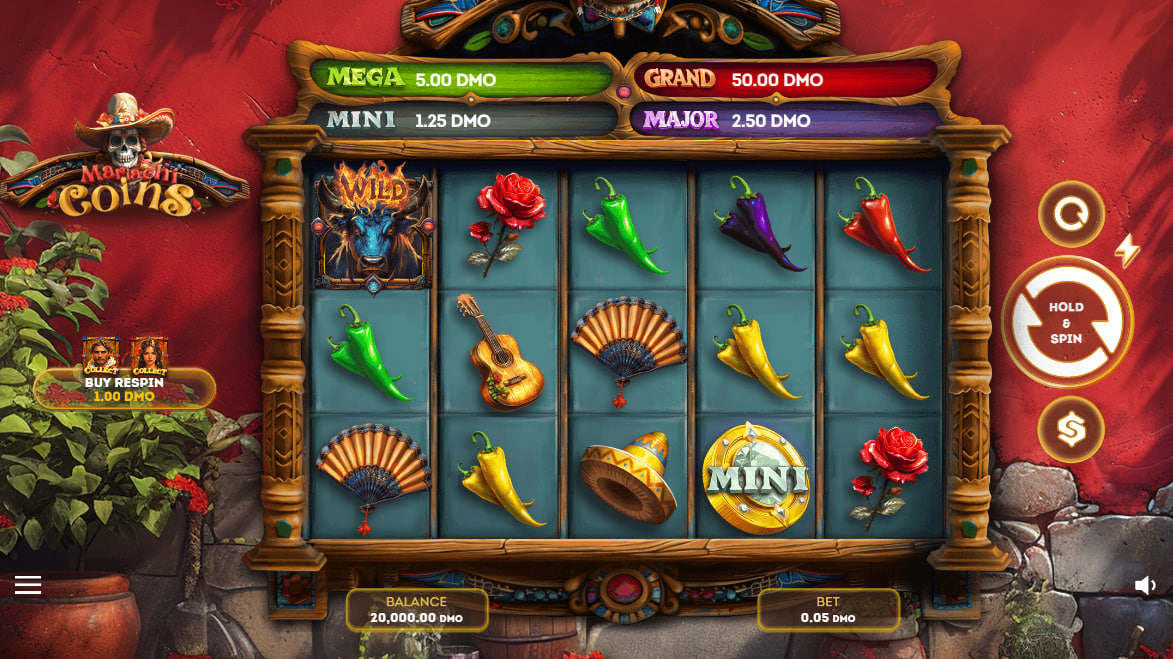 Mariachi Coins slot main game screen with Mexican festive symbols on a 5x3 grid for players to see the visual style.