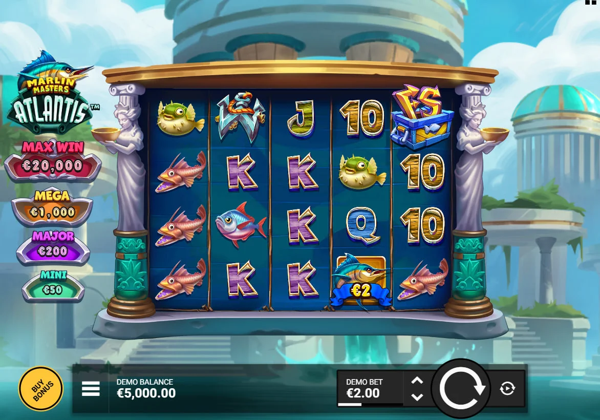 Marlin Masters: Atlantis main game grid featuring fish symbols and jackpot values on a 5x4 underwater layout.