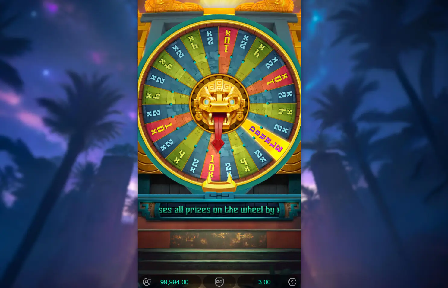 Mayan Destiny bonus wheel at feature start, showing the 2x 4x 10x and Double sectors players chase