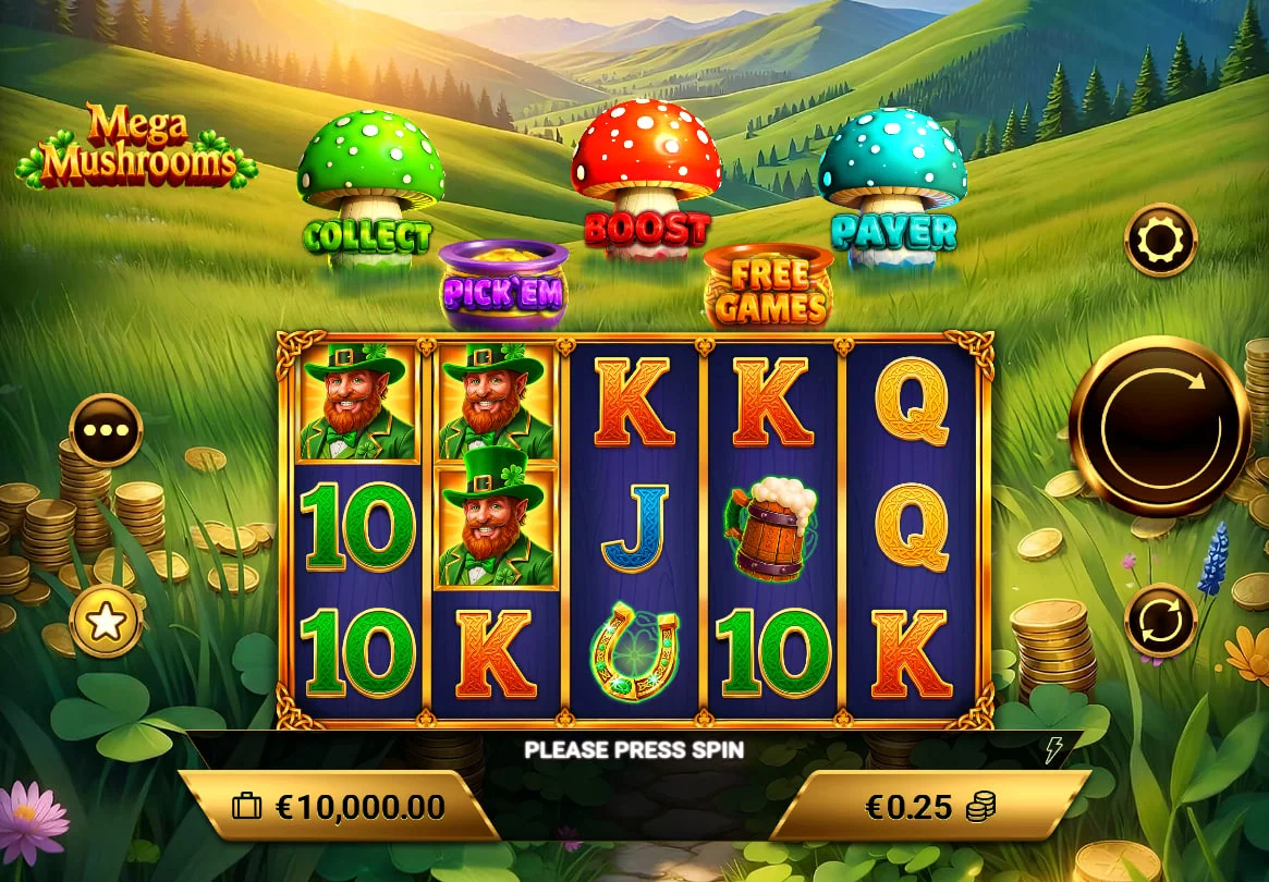 Full 5x3 grid of Mega Mushrooms slot featuring Leprechaun symbols and five colored bonus containers above the reels for feature tracking.