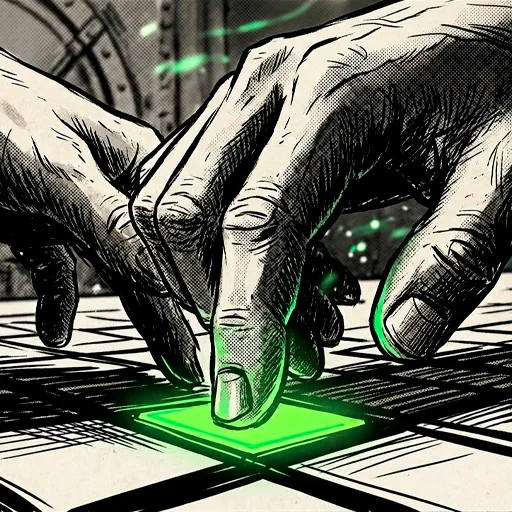 Hand pressing a glowing tile on a digital grid, extreme close-up, illustrating the risk and decision-making mechanics of Mine Games