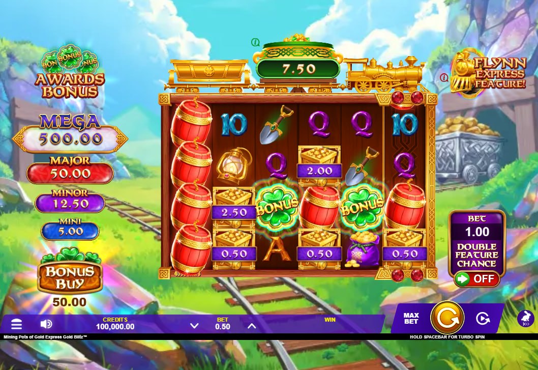 Mining Pots of Gold Express Gold Blitz main 6x4 reel set in an industrial mine showing current jackpot values and 4096 ways layout.