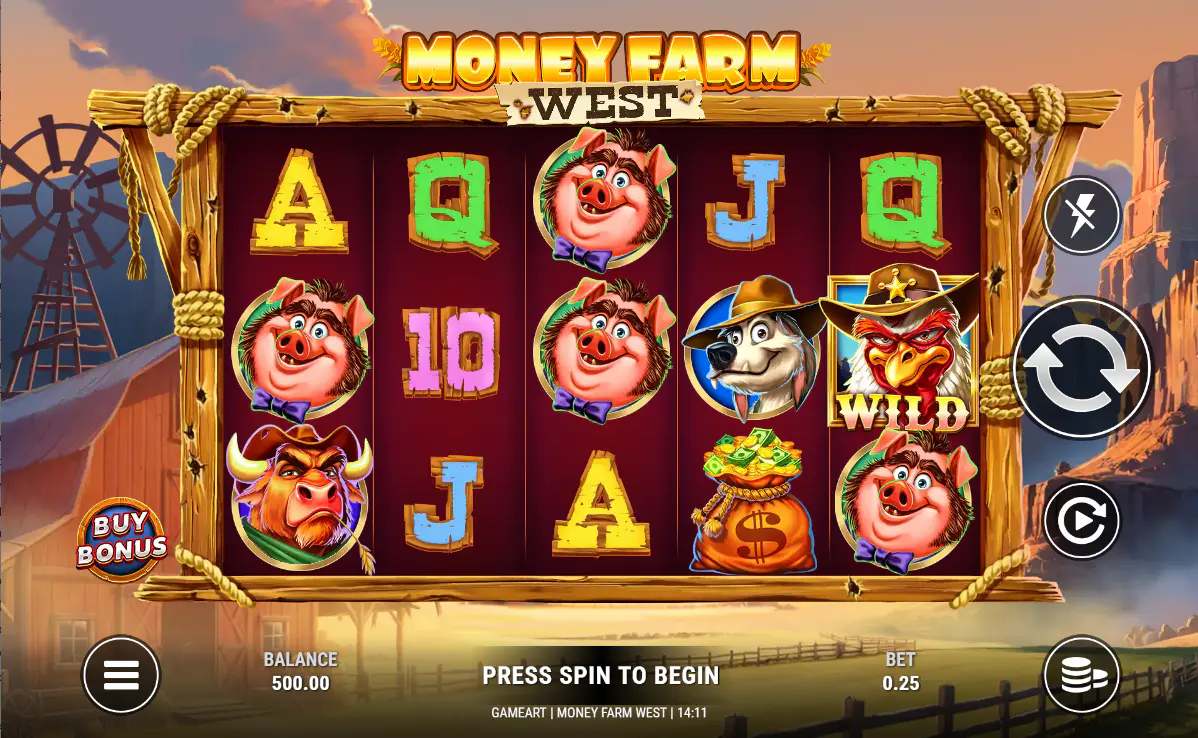 The main game grid of Money Farm West slot, showing the 5x3 reel layout with animal symbols against a Wild West backdrop, illustrating the game's theme for the player.
