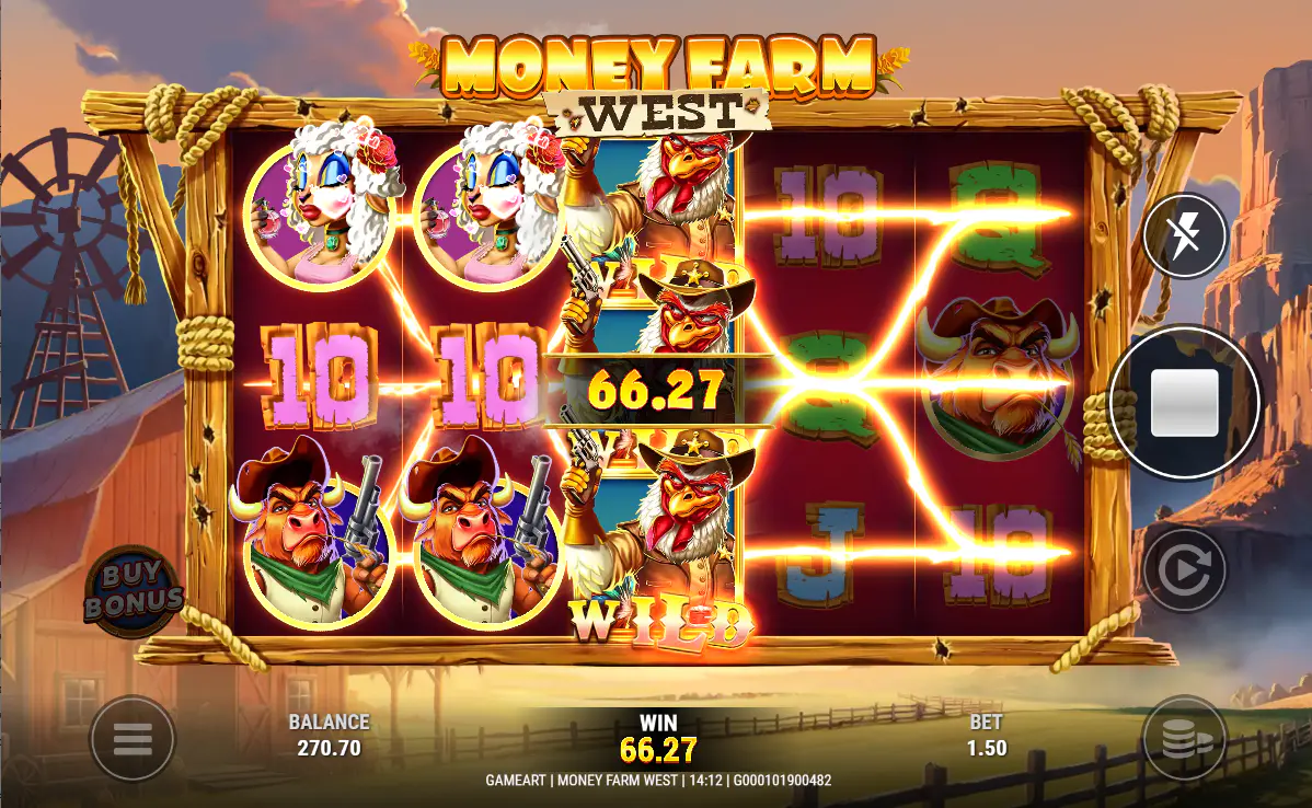 A Wild symbol landing on the third reel of Money Farm West, triggering the Free Spins bonus round and showing players how the main feature is activated.