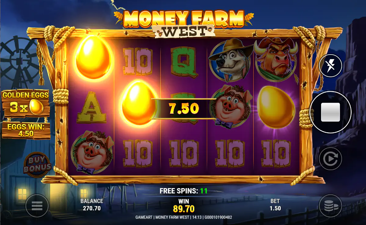 The Golden Egg feature in action during the Money Farm West free spins, with multiple eggs on the reels contributing to the bonus win, demonstrating the key mechanic.