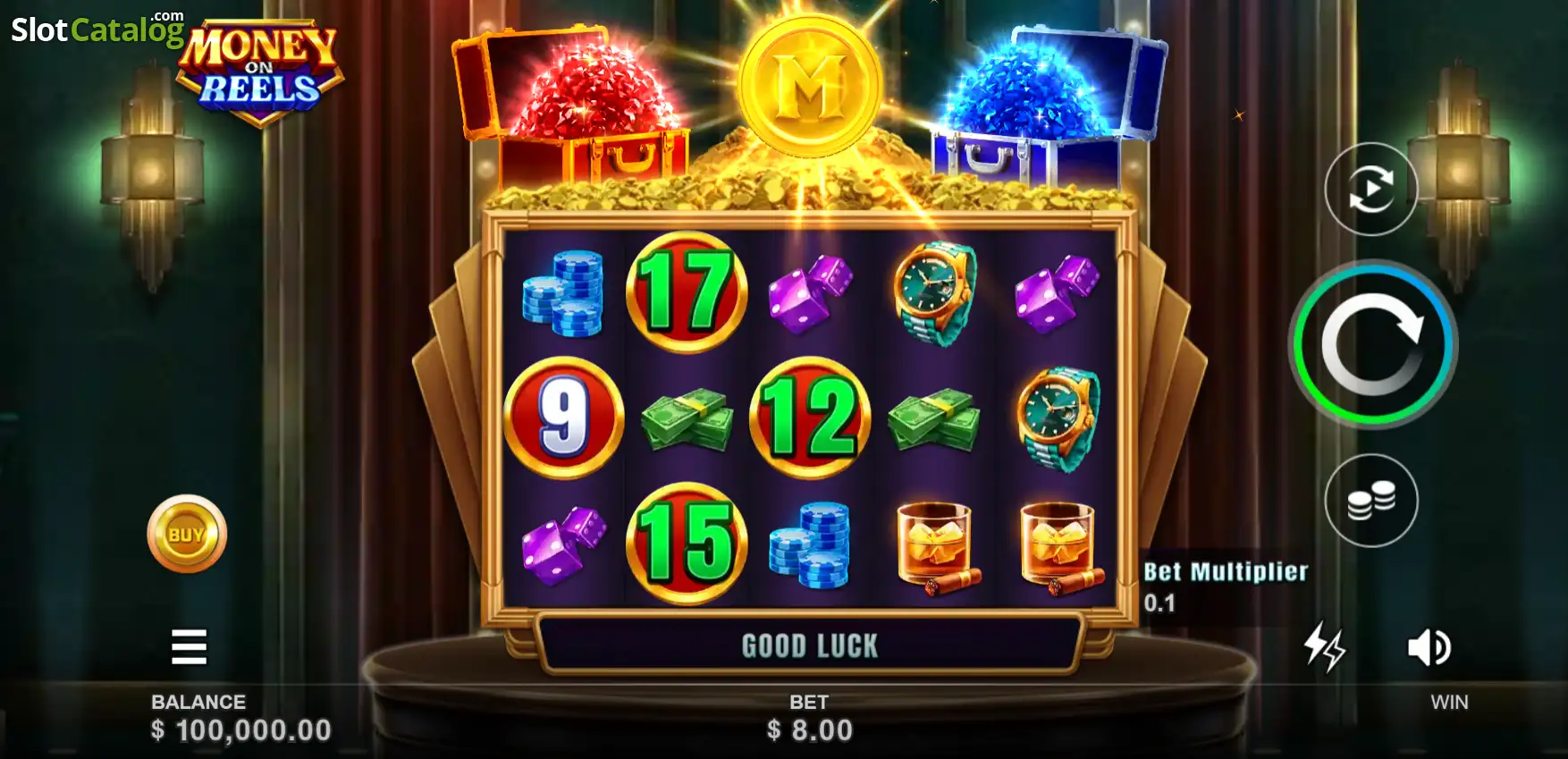 Luxury symbols including a sports car and gold watch on the Money on Reels 5x3 grid showing standard payline potential.