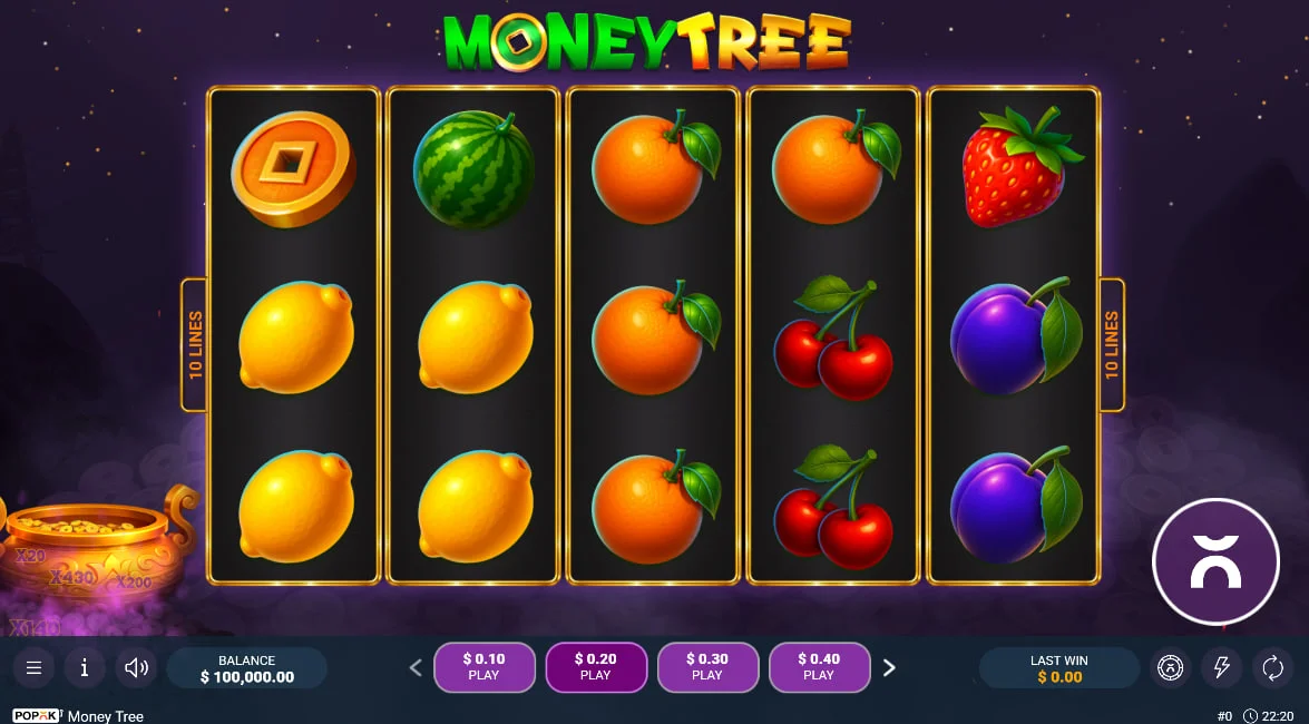 Full 5x3 grid of Money Tree slot showing fruit symbols and purple background for gameplay visualization.