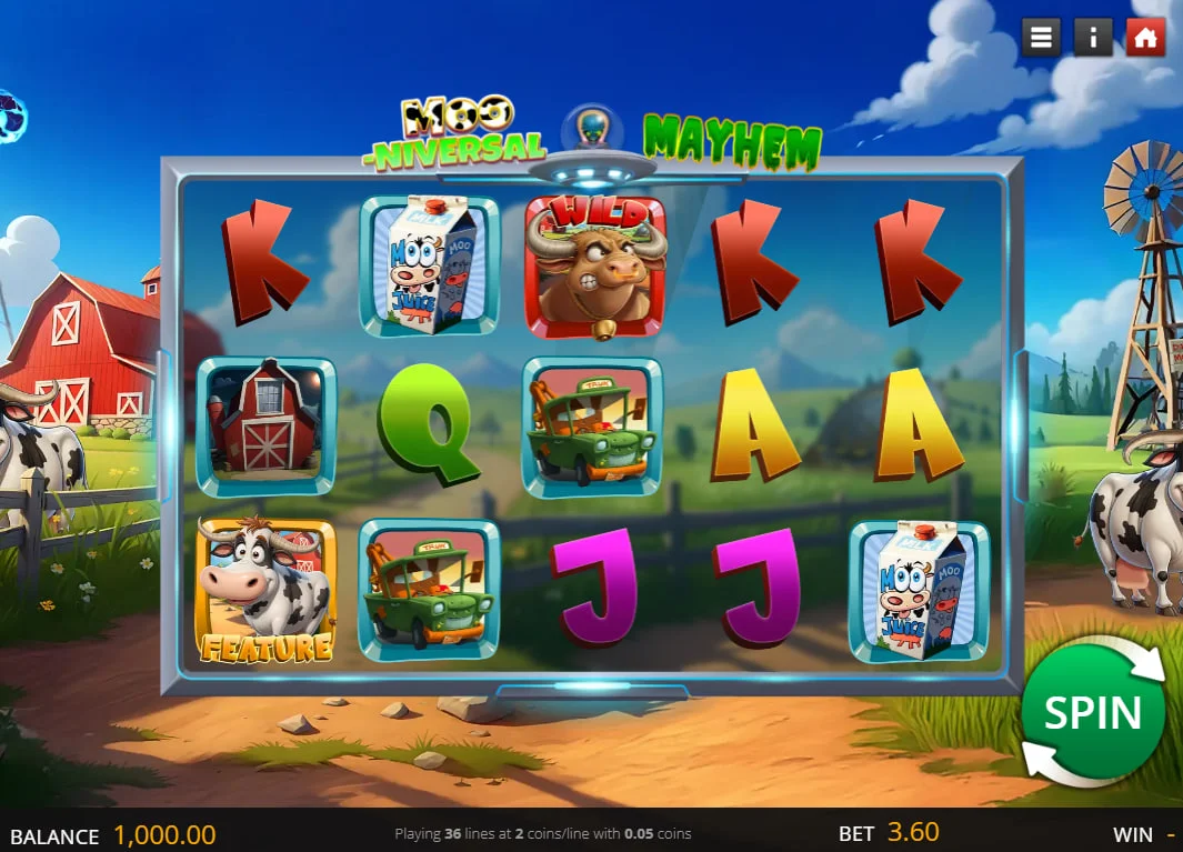 Moo-Niversal Mayhem slot main interface showing 5x3 reels with farm and cow symbols providing a full overview of the base game layout.