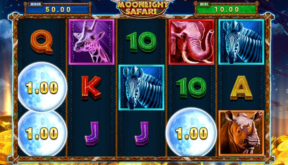 Main gameplay screen of Cash Connection – Moonlight Safari slot showing wild lions and scattered moon symbols on a 5x3 grid.