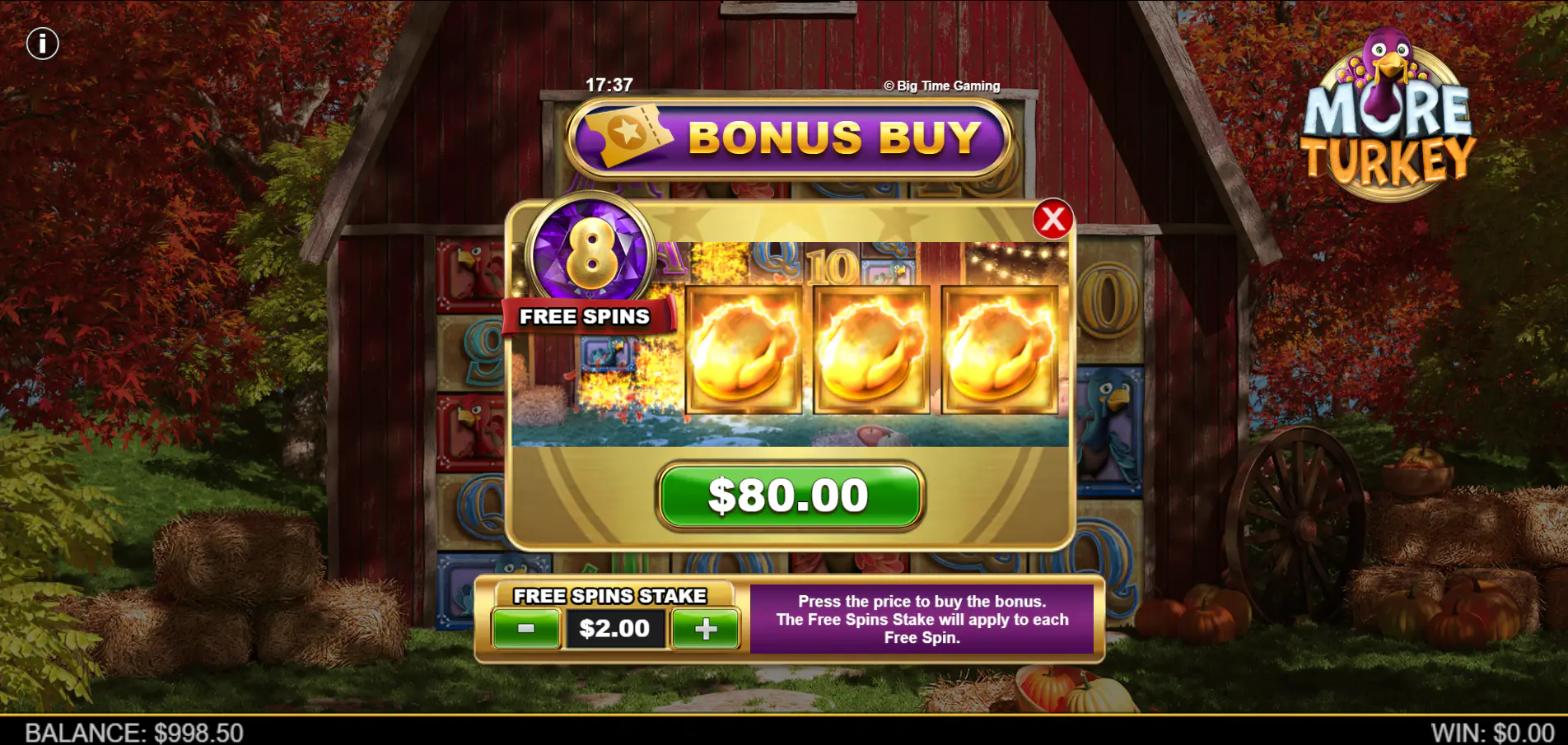 The Bonus Buy pop-up window in the More Turkey slot, displaying the 40x stake cost to trigger the Free Spins feature instantly.
