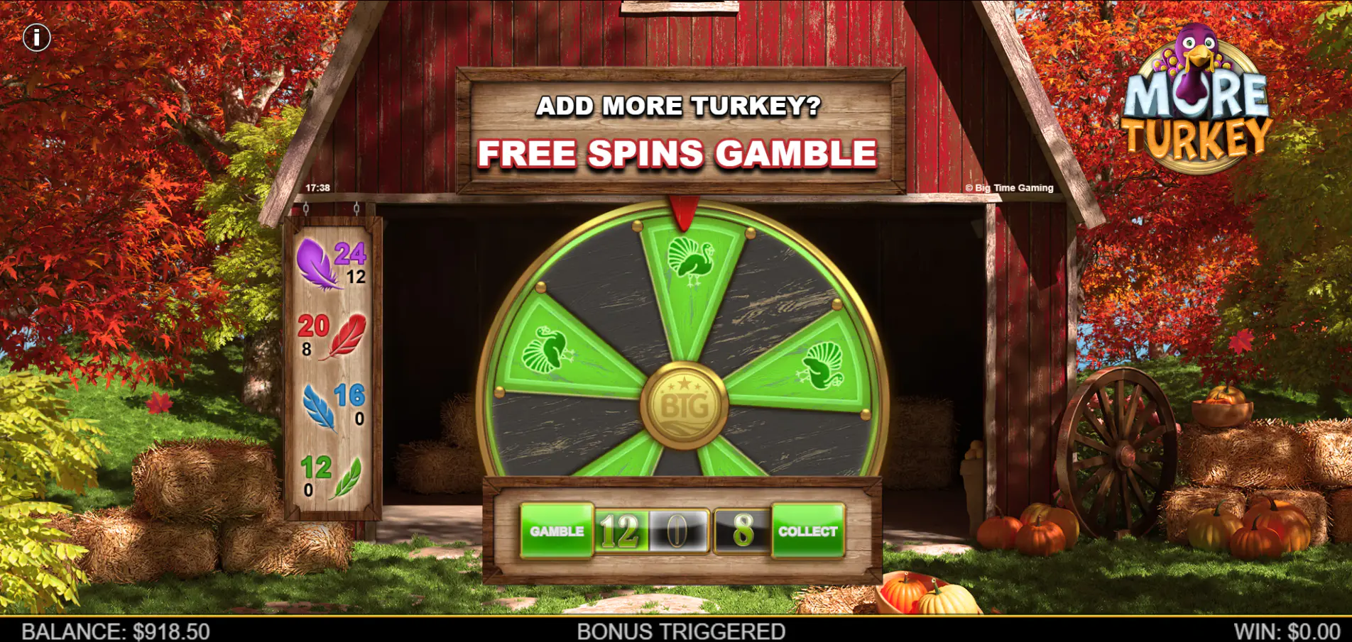 The Free Spins Gamble wheel in More Turkey, showing the ladder with spin counts and the gamble/collect options, representing the game's core risk mechanic.