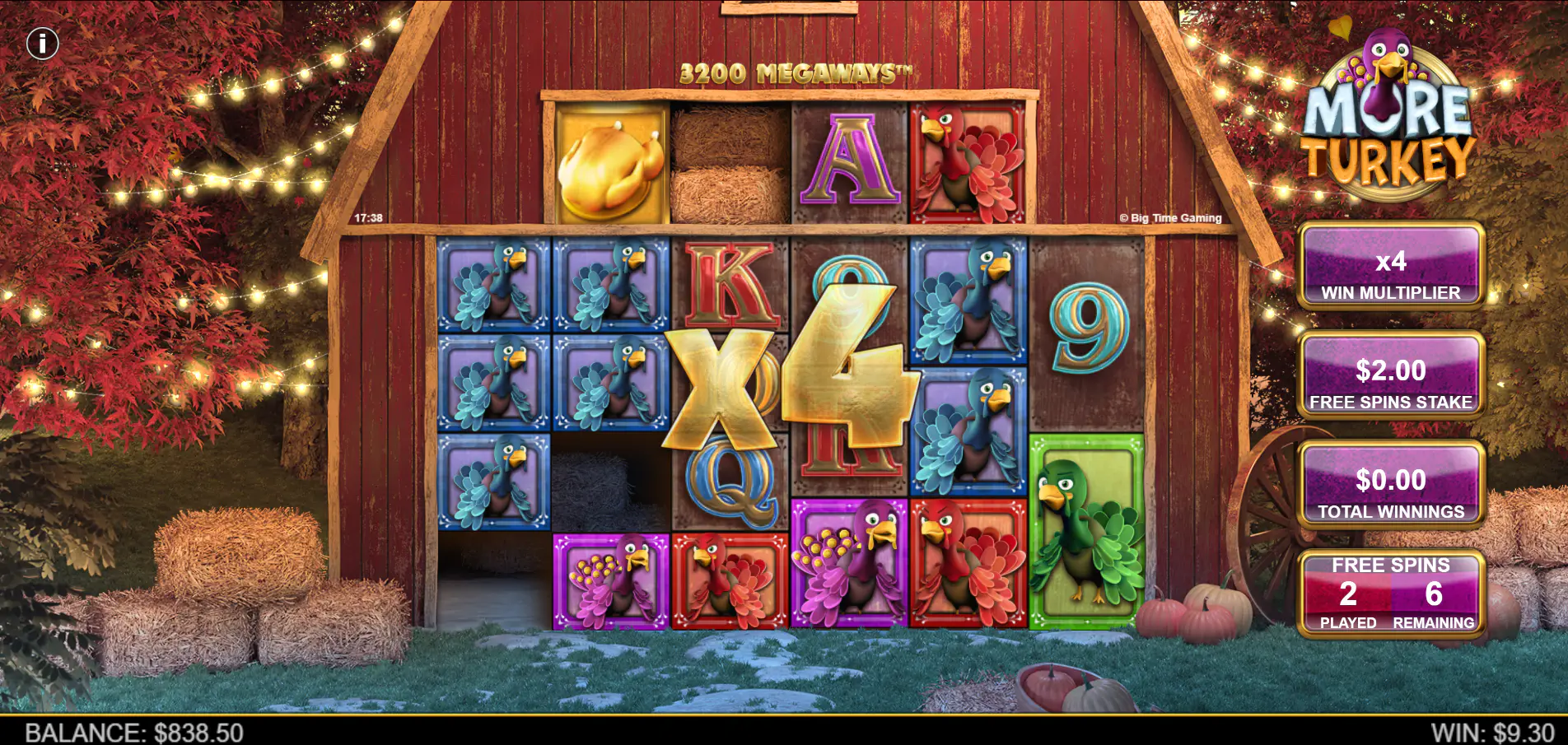 An active Free Spins session in More Turkey with the win multiplier at x4, demonstrating how wins are amplified during the bonus feature.