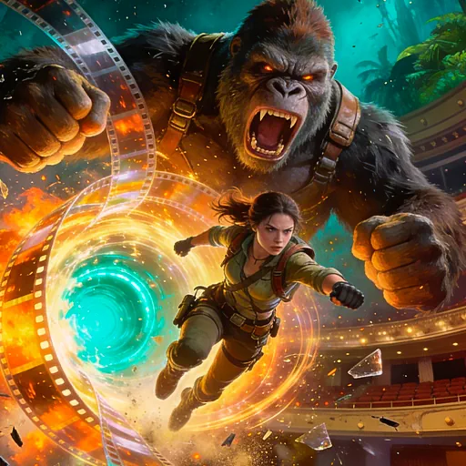 Giant ape and adventurer bursting from a glowing film strip vortex, action scene, representing the blockbuster characters found in movie slots