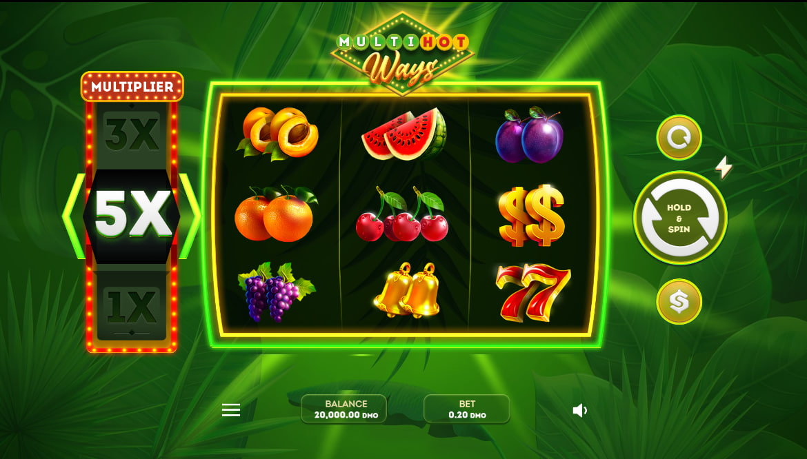 Multi Hot Ways slot 3x3 reel grid displaying fruit symbols and 777s on a dark background for gameplay clarity.