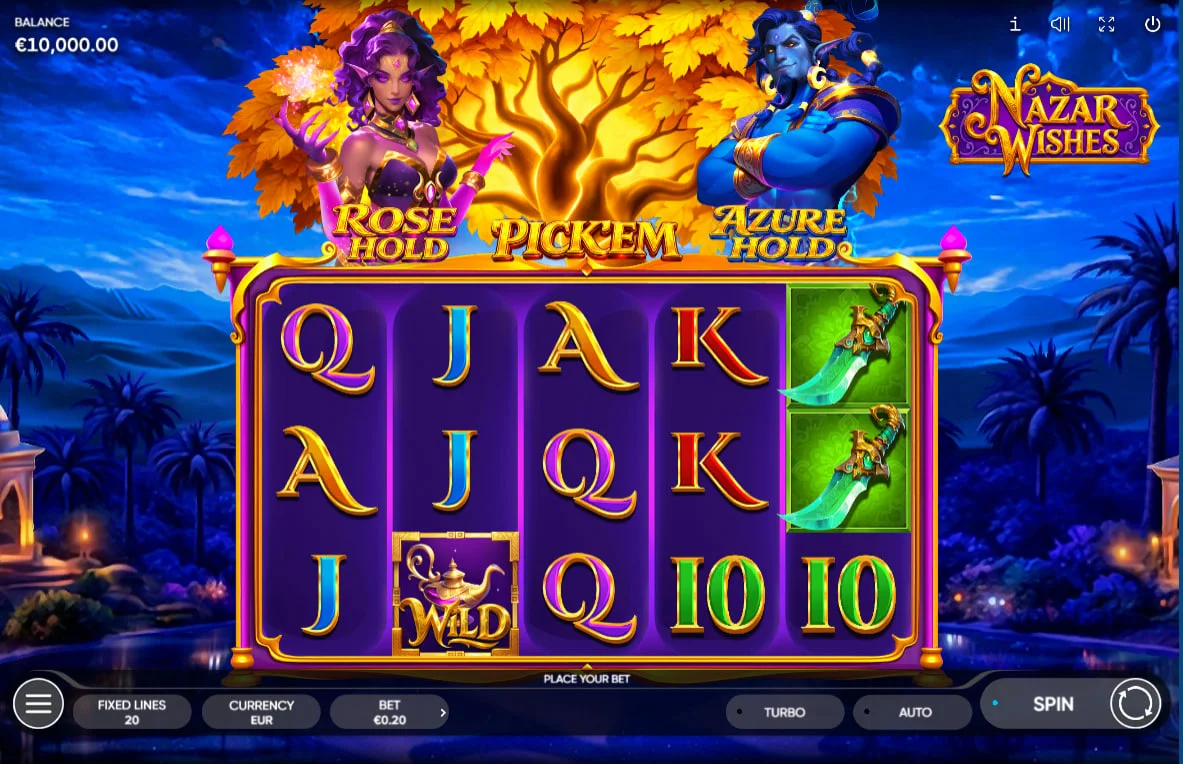 Full 5x3 grid of Nazar Wishes slot showing the Pink Genie, Gold Tree, and Blue Genie hovering above the reels to signal potential bonus triggers.