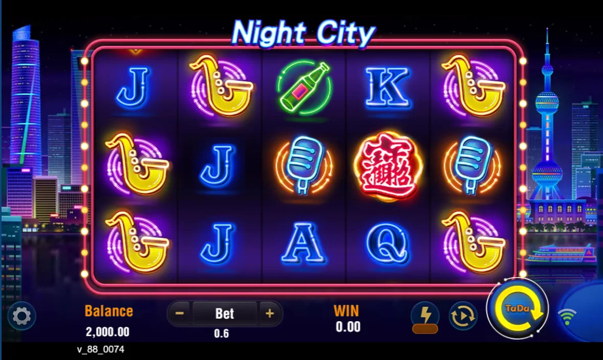 Night City slot main game screen showing neon symbols and 243 ways to win layout for player orientation.