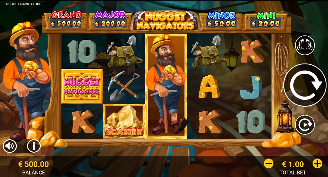 Main 5x3 reel set of Nugget Navigators slot showing the miner character and jackpot values for player orientation.