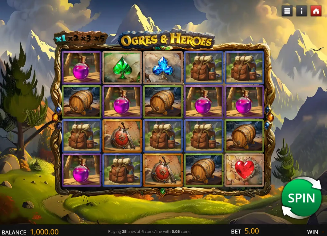 Main gameplay screen of Ogres & Heroes slot showing the 5x4 grid and medieval symbols which are the primary way to form 25-line combinations.