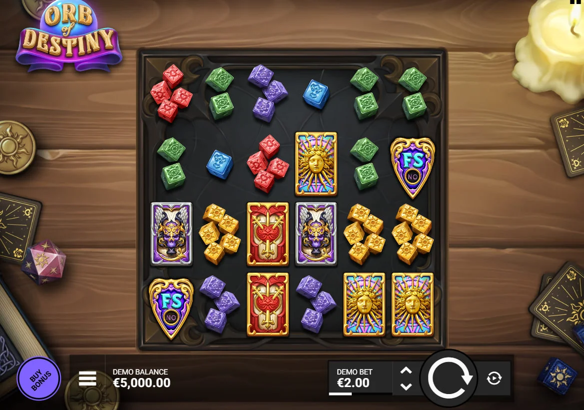 Main 6x4 grid of Orb of Destiny slot featuring dice and tarot card symbols on a wooden table to show the game layout.