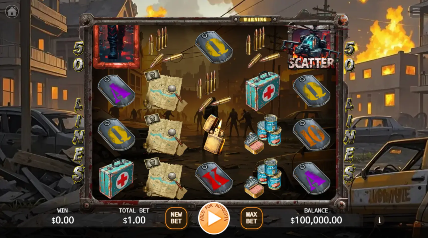 The 5x4 reel layout of the Outbreak Escape slot during base gameplay, showing the gritty zombie apocalypse theme and various survival-themed symbols.