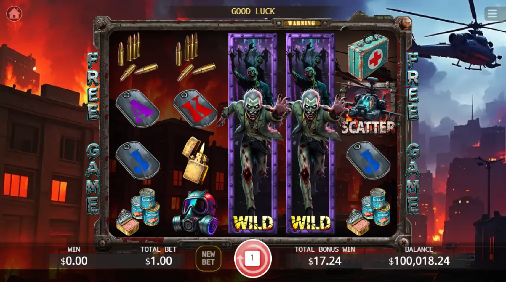 Gameplay during the Outbreak Escape free spins bonus, showing two Full-Height Wilds on the reels against a fiery apocalyptic backdrop.