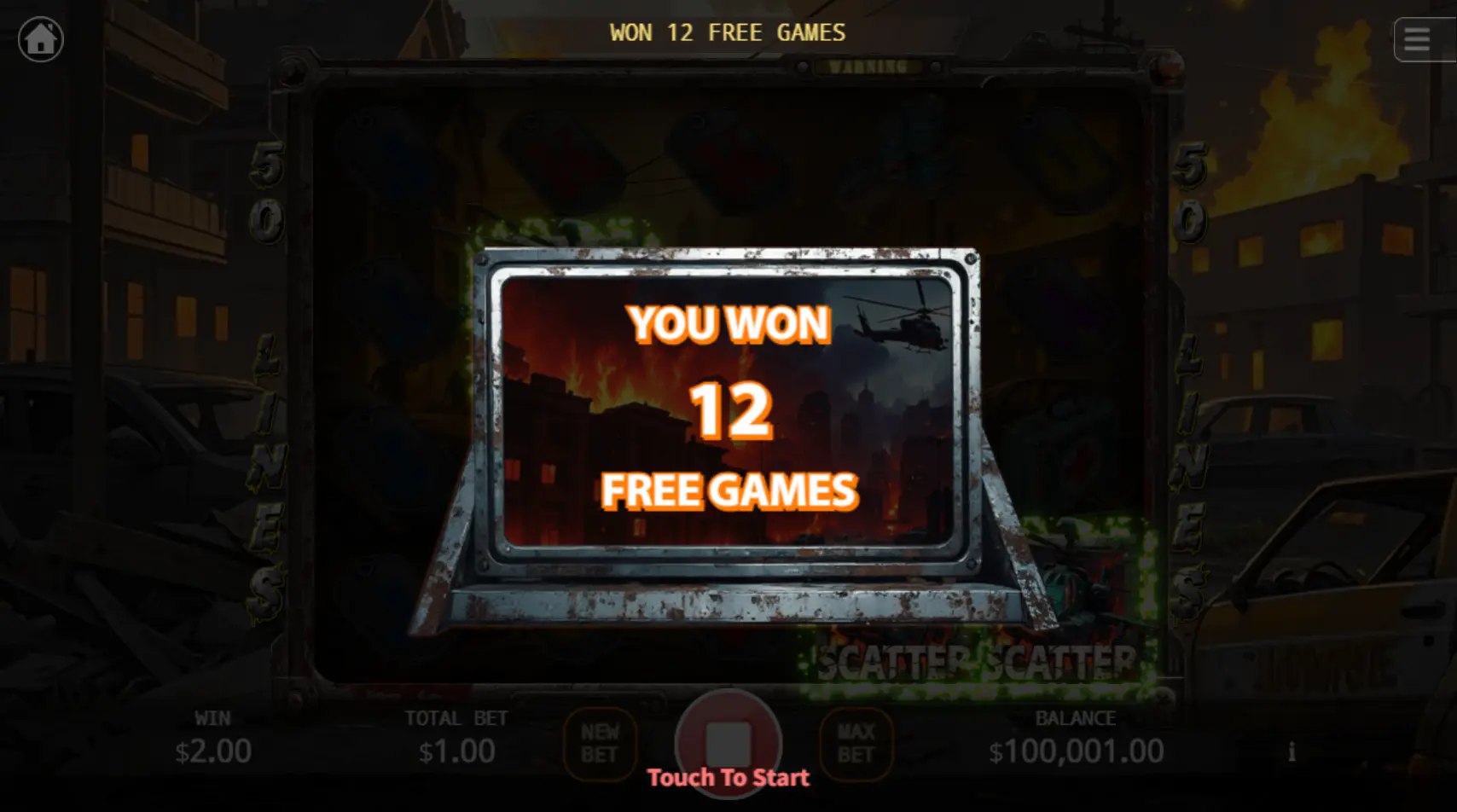 Three helicopter Scatter symbols on the reels of Outbreak Escape, activating the bonus round and awarding the player 12 free games.