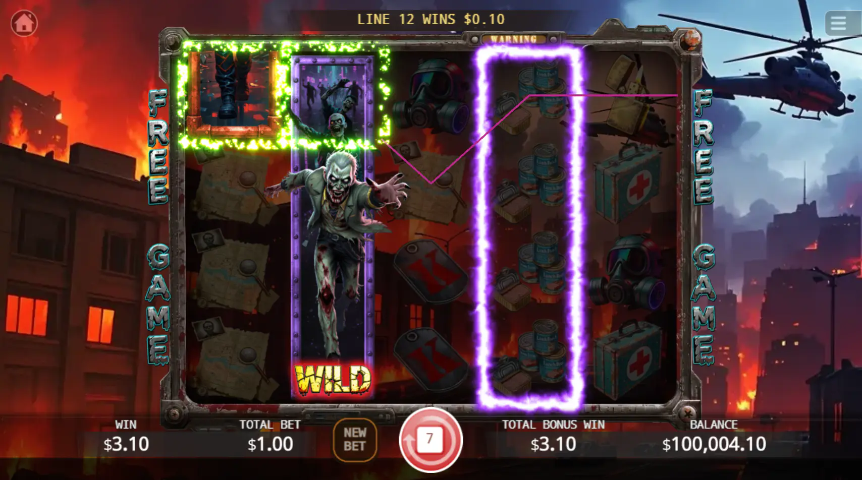 An expanded Zombie Wild symbol covering the entire second reel in Outbreak Escape, connecting with other symbols to form a winning payline.