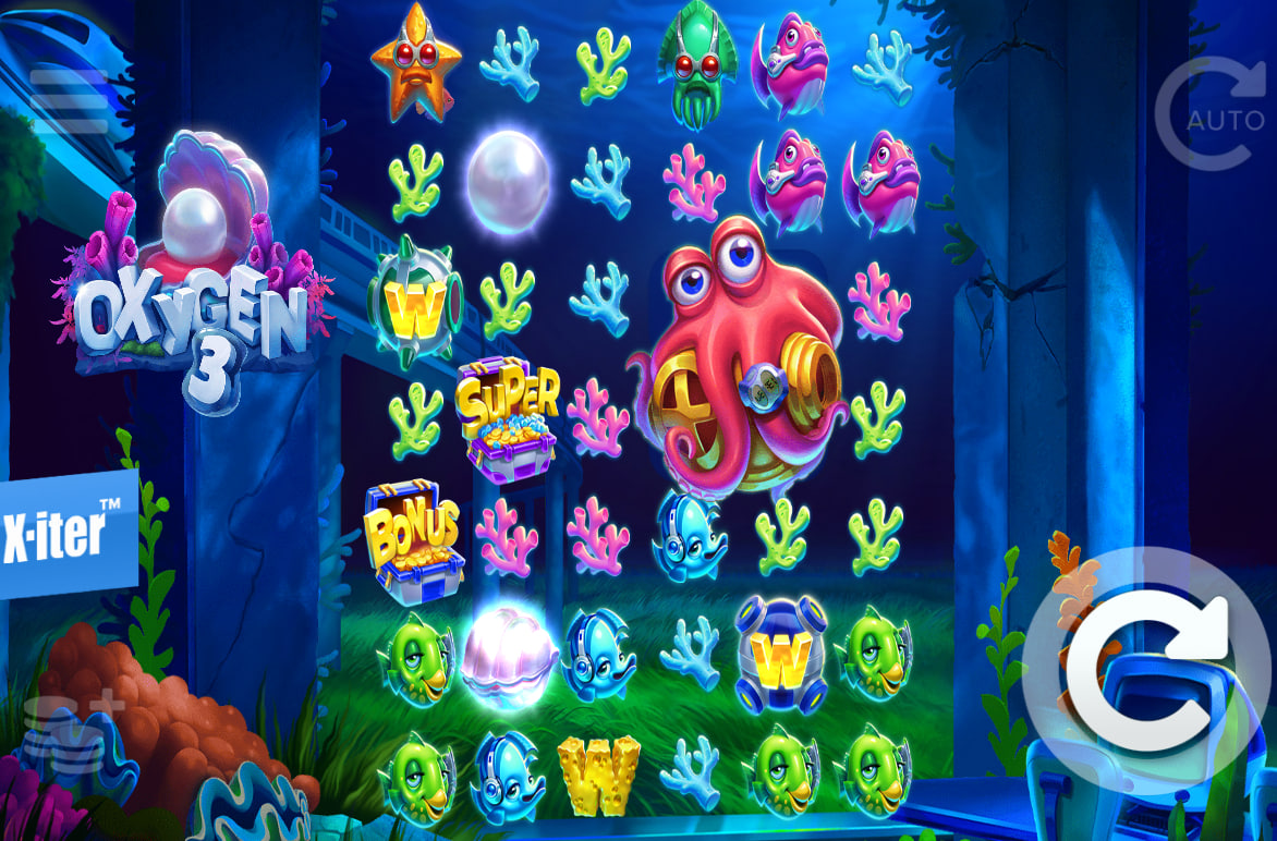 Oxygen 3 slot 6x7 grid showing underwater symbols like octopus and starfish in a cluster-pay layout for potential big wins.