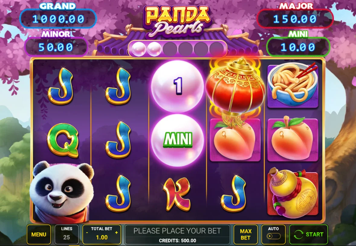 Main 5x3 reel set of Panda Pearls slot featuring panda and noodle symbols in a cherry blossom forest context to show standard gameplay layout.