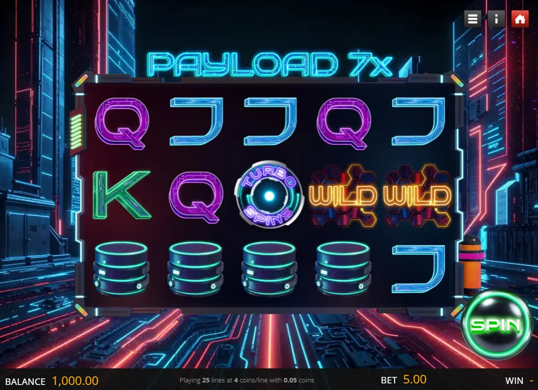 A winning combination of glowing green K symbols on the Payload 7x reels, showing how the 25-line pay system highlights winning paths for the player.