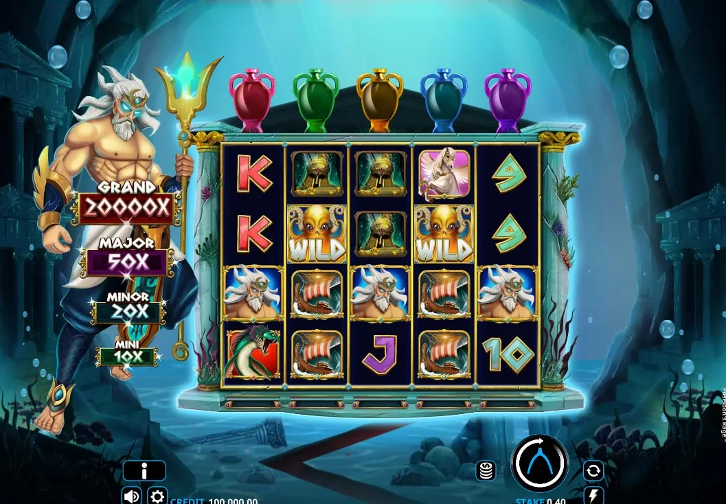 Poseidon's Rage slot main interface showing the 5x3 grid and the Greek god Poseidon standing with his golden trident.