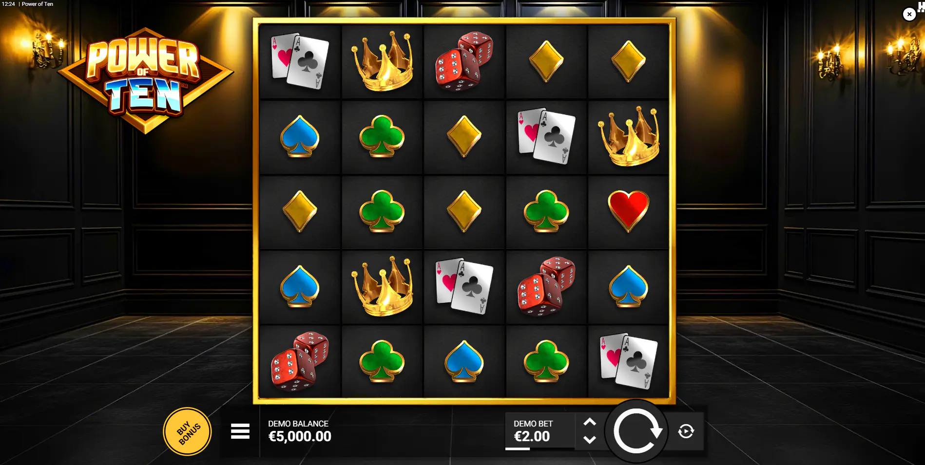 The 5x5 game grid of Power of Ten slot, set against a dark, luxurious background, showing the casino-themed symbols and minimalist design.