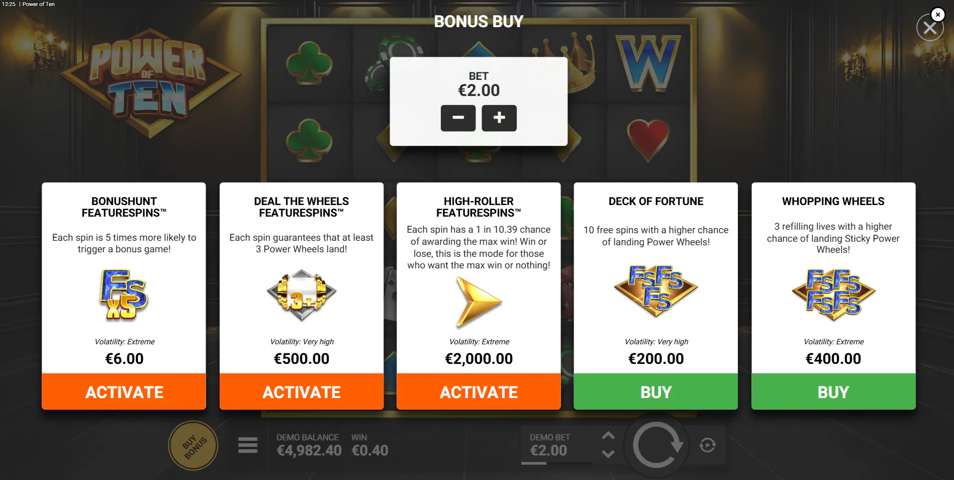 The Bonus Buy menu in Power of Ten, displaying all five purchase options from the 3x Bonushunt to the 1,000x High-Roller bet.