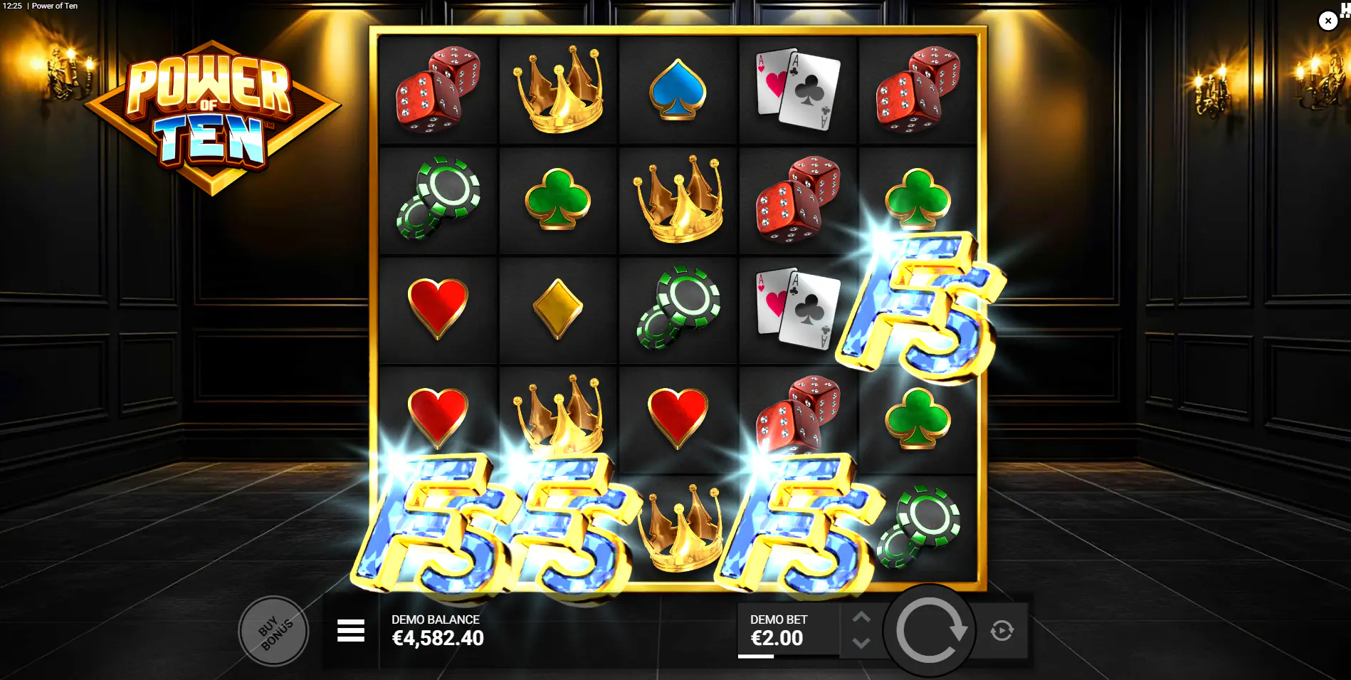 Five golden FS scatter symbols landing on the reels of Power of Ten, triggering the high-level 'On The House' Hidden Epic Bonus round.