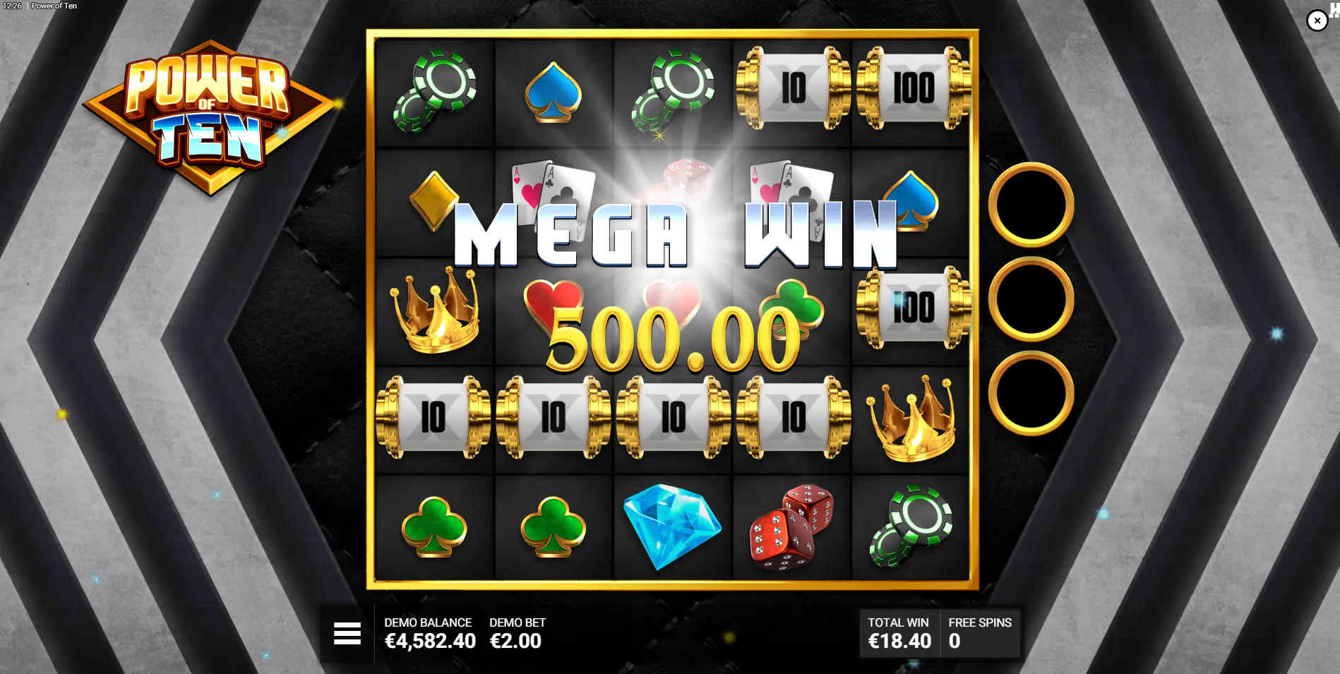 A Mega Win of 500 dollars is displayed after multiple Power Wheel symbols reveal their instant cash prizes, showcasing the feature's high payout potential.