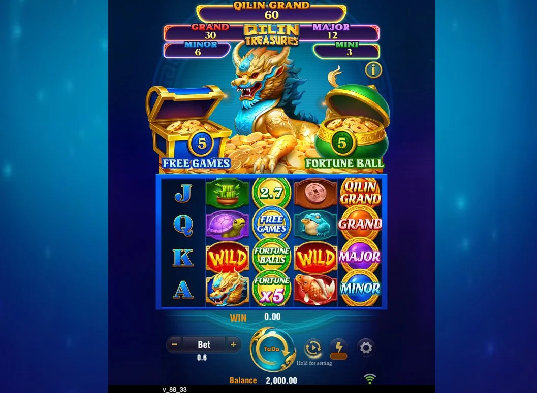 Base game grid of Qilin Treasures slot showing Golden Toad and Koi symbols for high-value win potential.