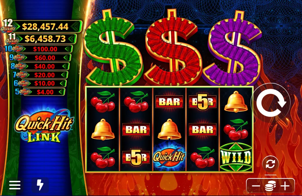 Quick Hit Link Fire paytable detail showing cash rewards for scattered symbols starting from 1x bet up to the massive 12-symbol jackpot.