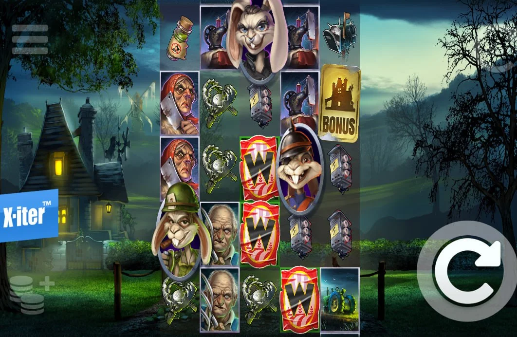 Rabbit Royale slot main 5x5 grid showing militant rabbit symbols and dark farm background for atmosphere.
