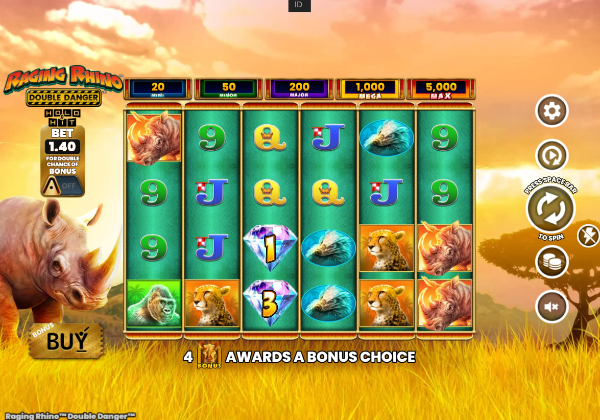Full 6x4 grid of Raging Rhino Double Danger slot showing animal symbols on 4096 ways for maximum player engagement.