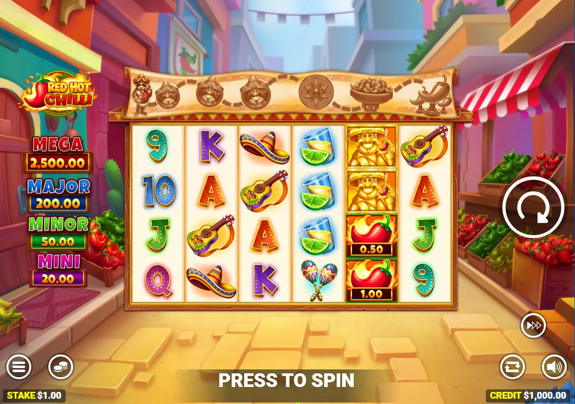 Red Hot Chilli slot main 6x4 grid showing Mexican themed symbols and the four fixed jackpot tiers on the left.