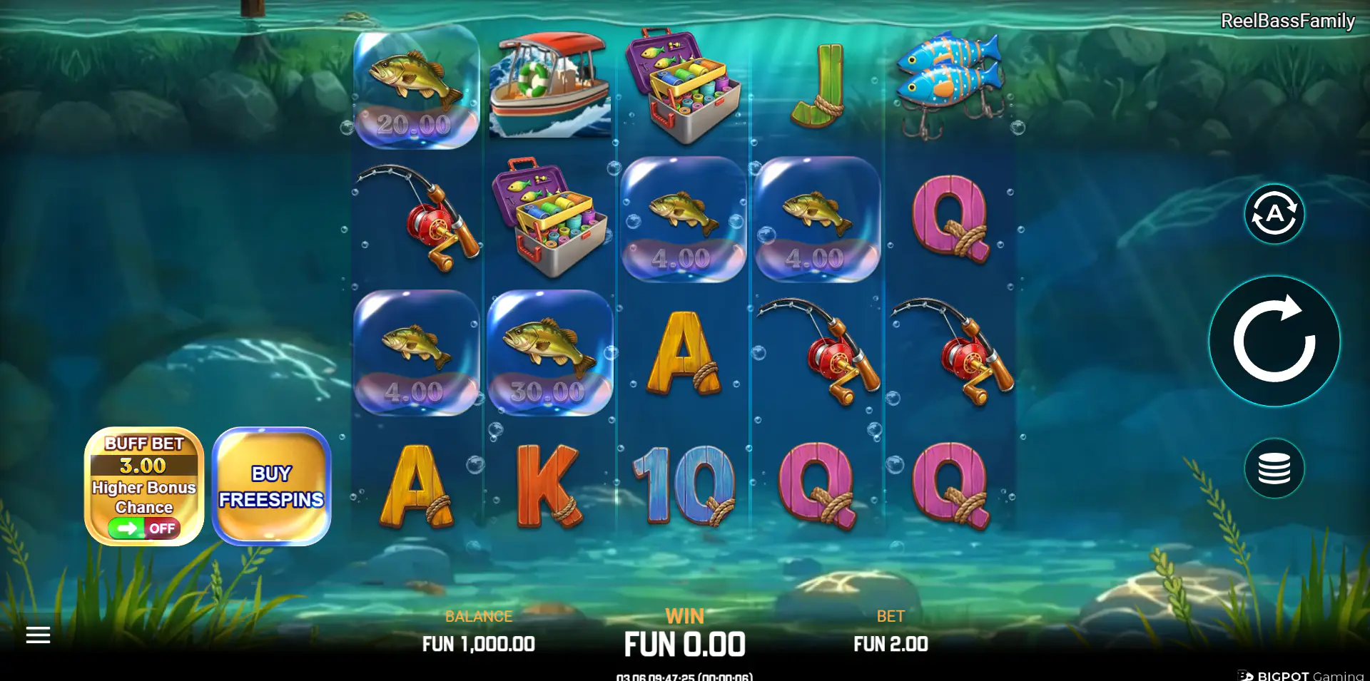 The main 5x4 game grid of Reel Bass Family slot, showing the underwater theme and the Buff Bet option, which is key to the player's strategy.