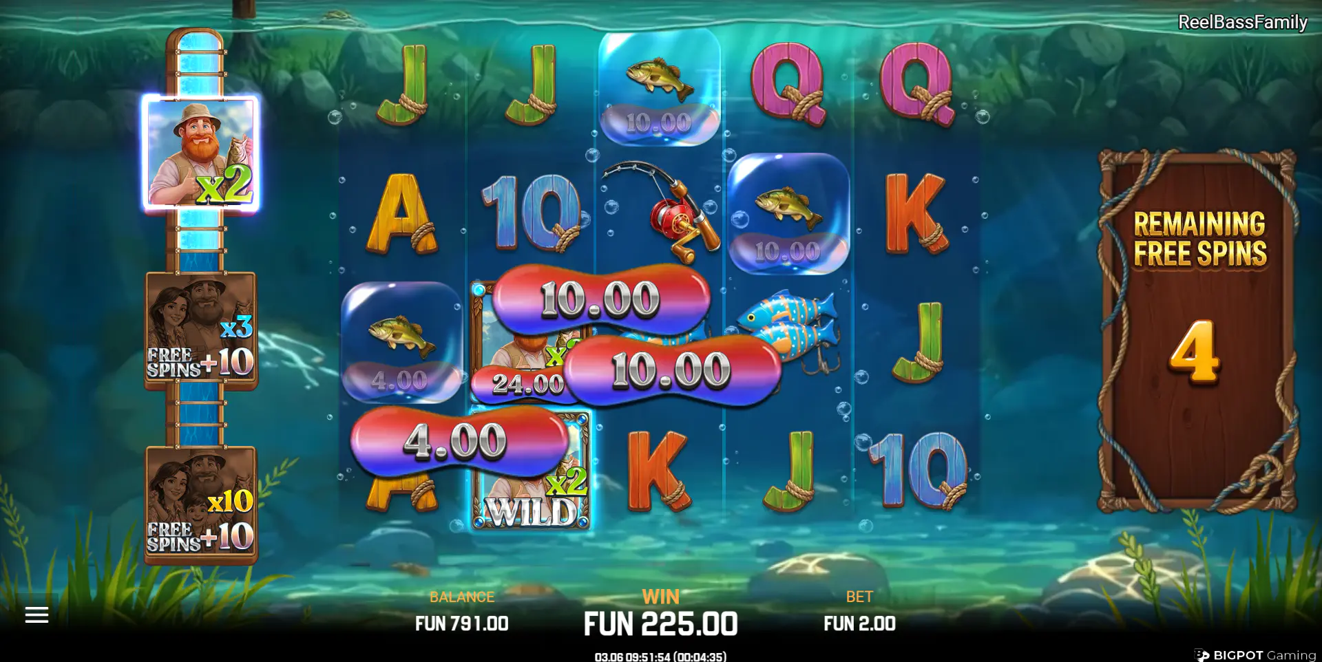 Gameplay during the Reel Bass Family free spins bonus, highlighting the crucial Fisherman Wild collecting cash prizes and the level-up meter on the left.