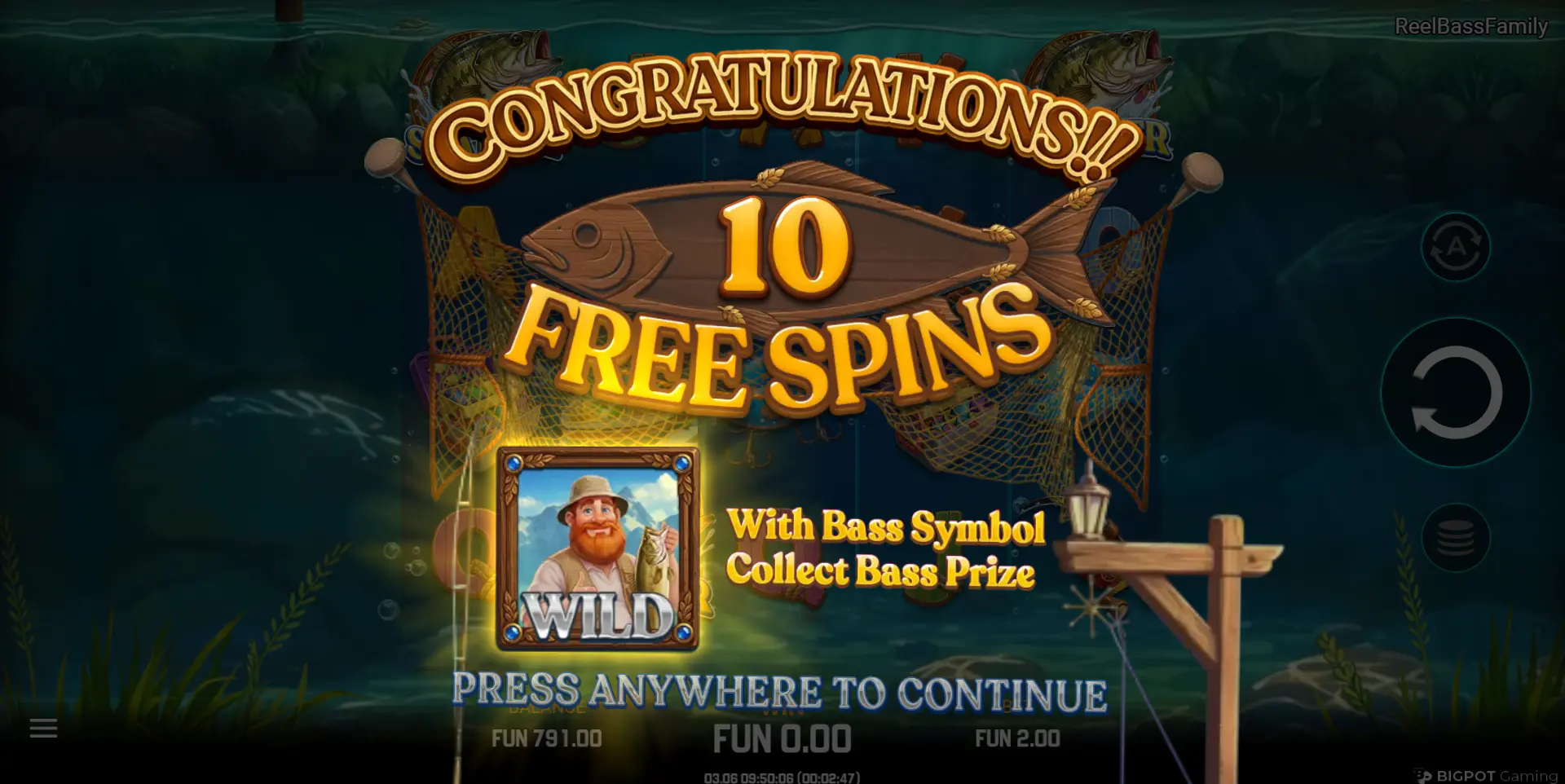 The free spins bonus round trigger screen in Reel Bass Family, showing the "Congratulations" message after landing scatter symbols, signaling the start of the main feature.