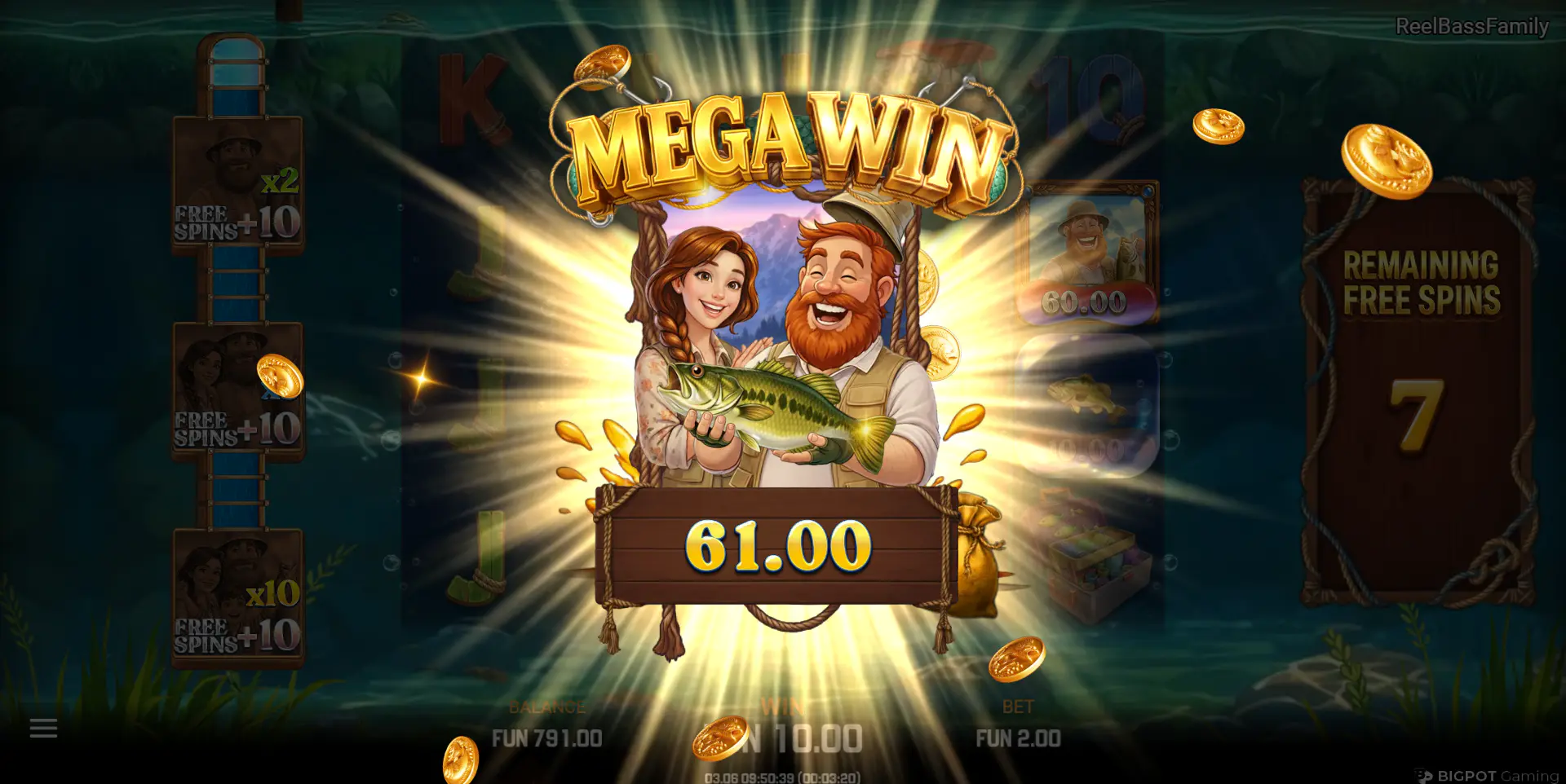 A "Mega Win" celebration screen in Reel Bass Family, showcasing the significant payout potential achieved through the bonus feature's multipliers and prize collects.