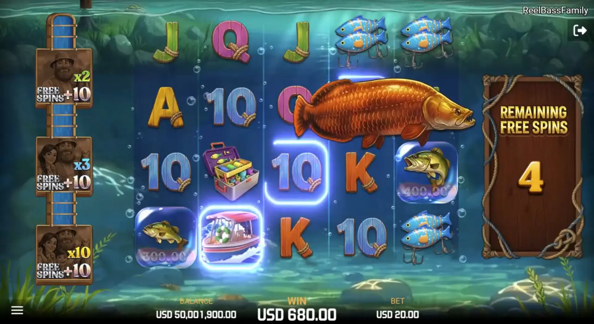 The Monster Bass feature activating in Reel Bass Family, transforming symbols into wilds to create a surprise win opportunity in the base game.
